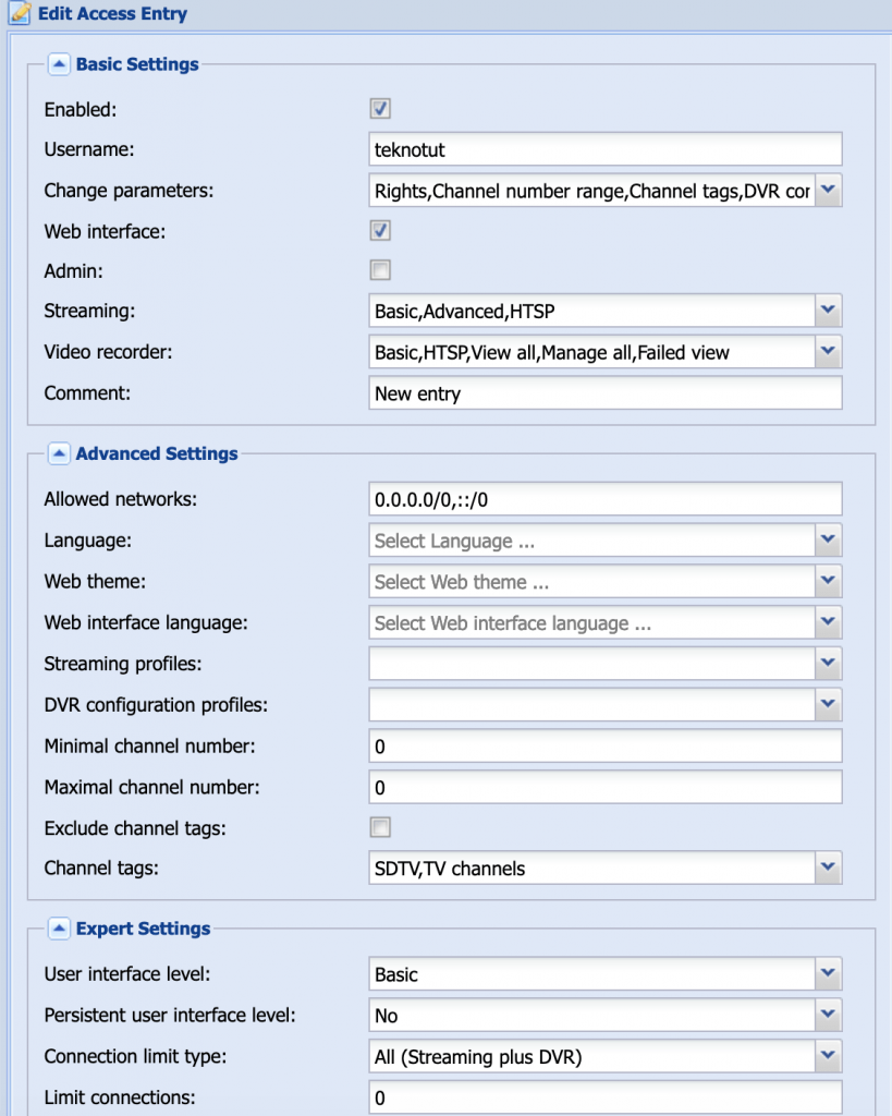 Buat User TVHeadend