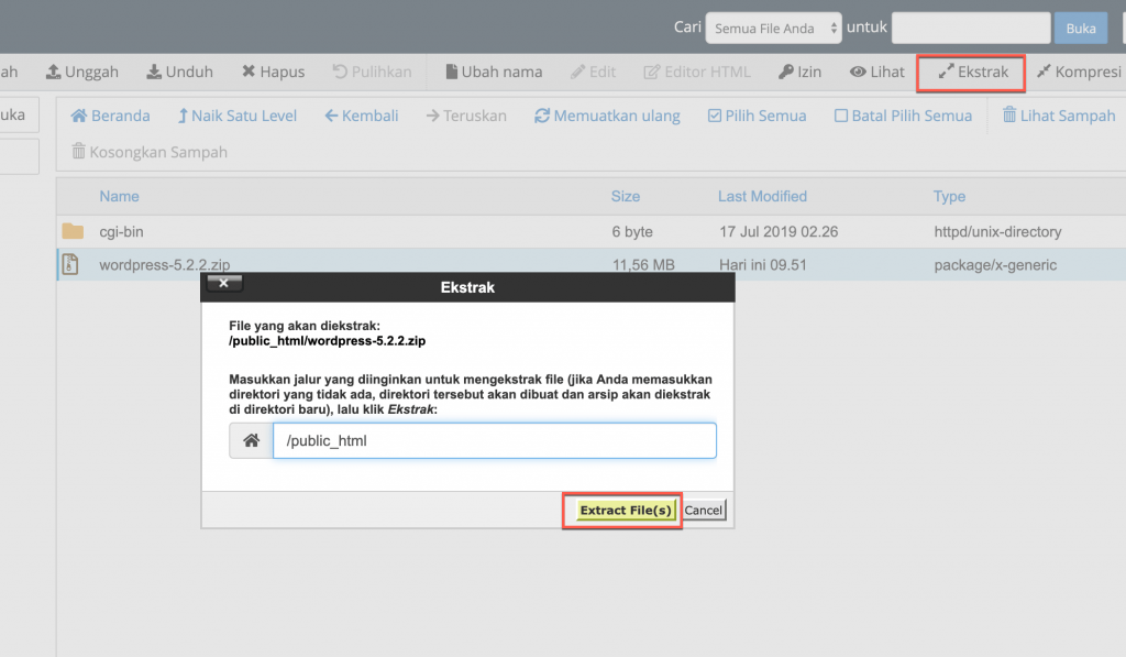 Ekstrak file Wordpress