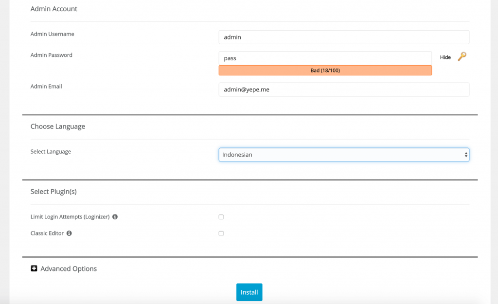 Isi detail instalasi WordPress dengan Softaculous