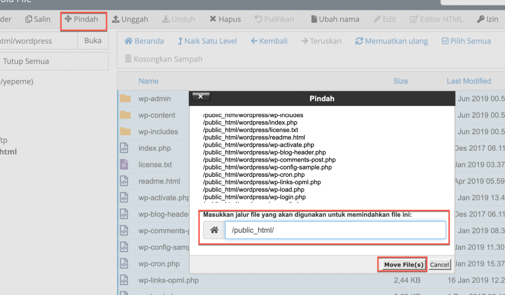 Pindah file ke public_html dengan cara klik move/pindah