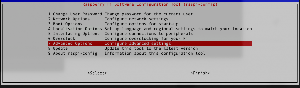 Tampilan Raspi Config. Pilih pada Advanced Option