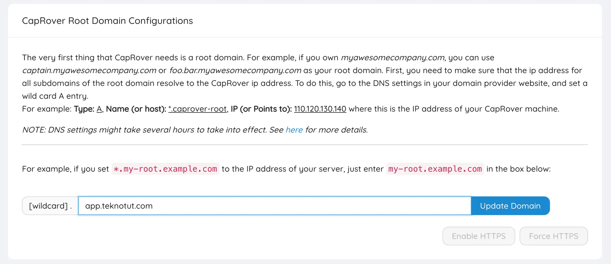 Setting root domain CapRover